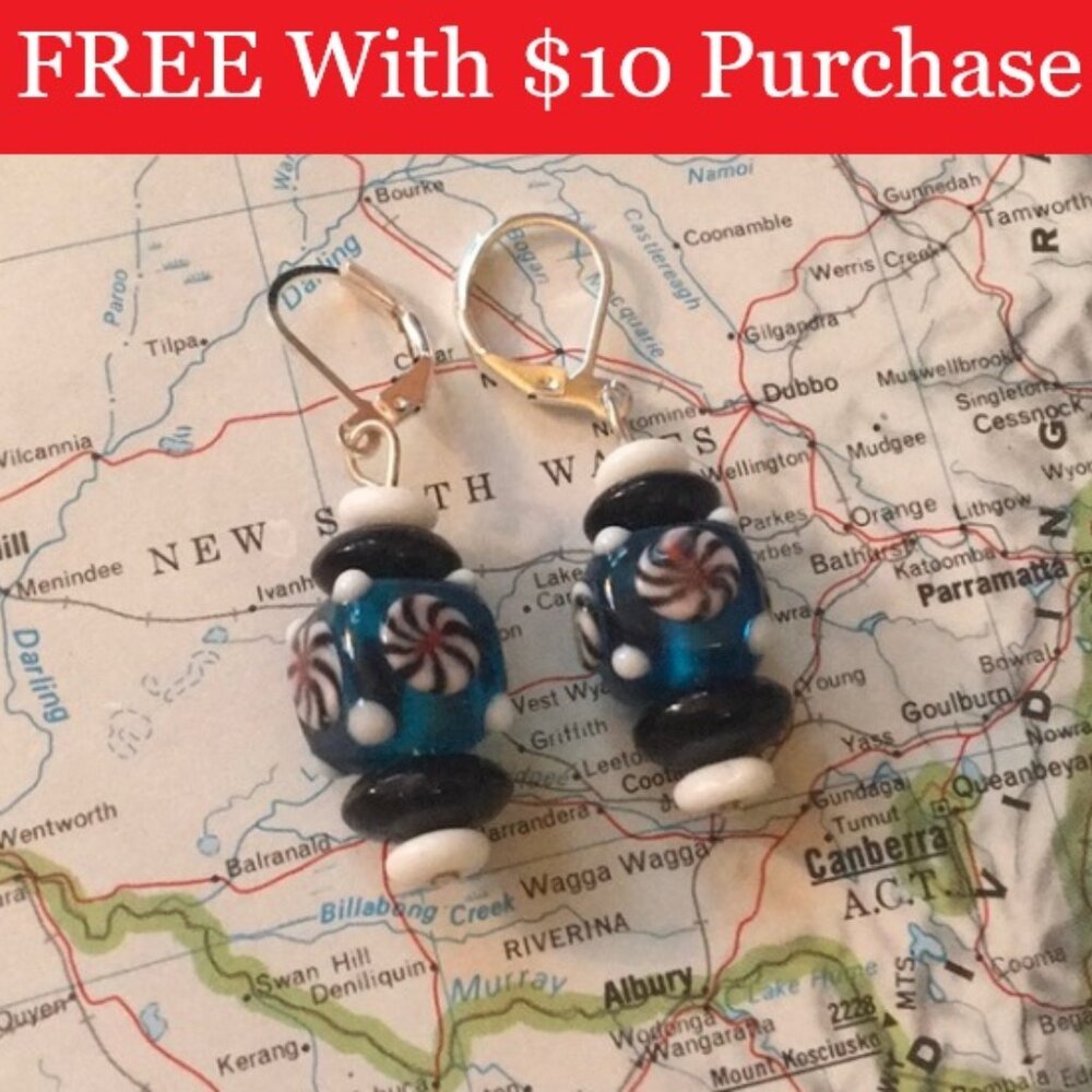 Dark Marine Blue Lampwork Doughnut Beaded Earrings Silver Tone NEW RED BANNER